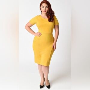 Unique Vintage Mustard Yellow Sheath Pencil Dress
Size 1X